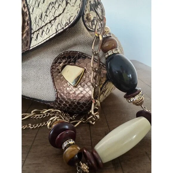 Dolce & Gabbana Y2K Brown Gold Leather & Jute Shoulder Bag Statement Charm Strap - Picture 13 of 16